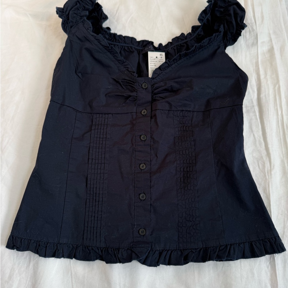 PacSun Navy Blue Ruffled V Neck Top, SZ XS, Cotton, NWT